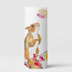 Funny watercolor squirrel on a branch with berries pillar candle