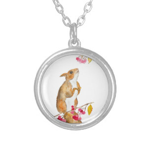 Funny watercolor squirrel on a branch with berries silver plated necklace