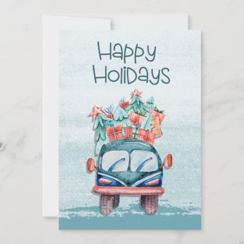 Funny Watercolor Winter Christmas Trees Truck Holi Holiday Card