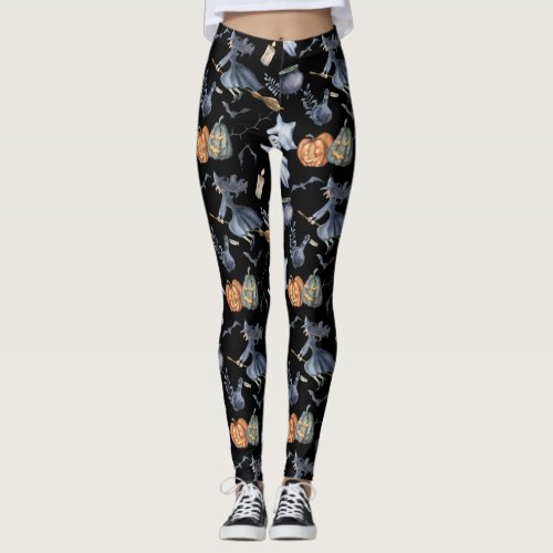 Funny Watercolor Witch Pumpkin Halloween Leggings