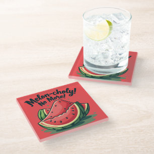Funny Watermelon Pun "Melon-choly No More" Glass Coaster