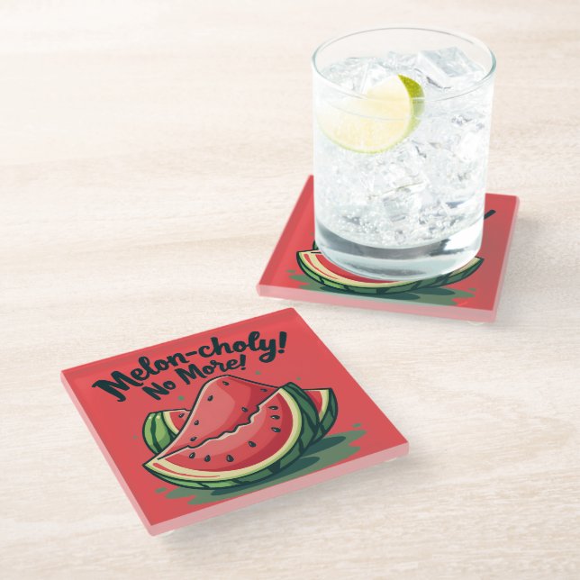 Funny Watermelon Pun "Melon-choly No More"  Glass Coaster (Angled)