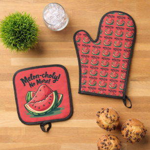Funny Watermelon Pun "Melon-choly No More" Oven Mitt & Pot Holder Set