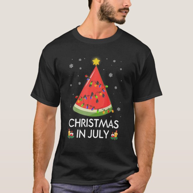 Funny Watermelon Tree Christmas Lights Santa In Ju T-Shirt (Front)