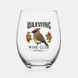Funny Waxwing Wine Club Birdorable Stemless Wine Glass