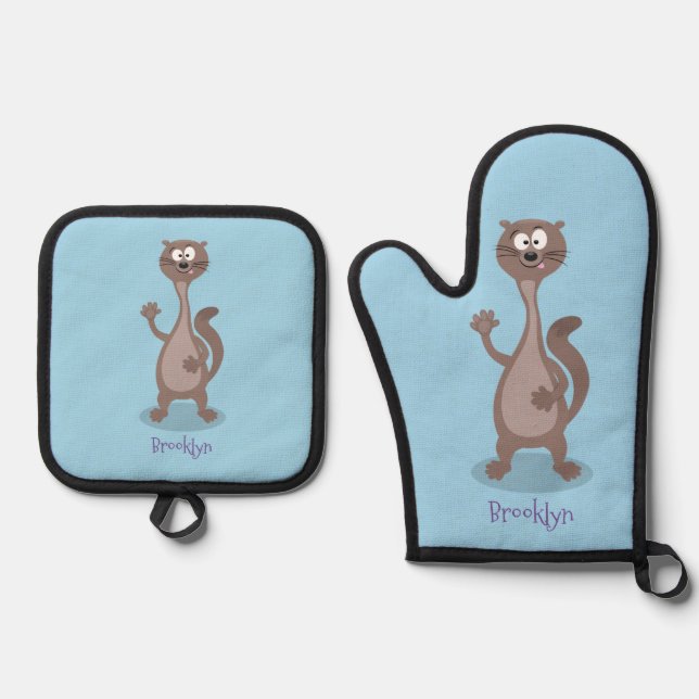 Funny weasel cartoon illustration oven mitt & pot holder set (Front)