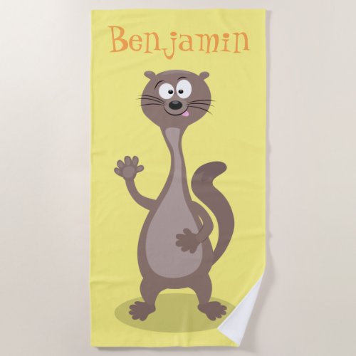 Funny weasel cartoon illustration saying hello beach towel