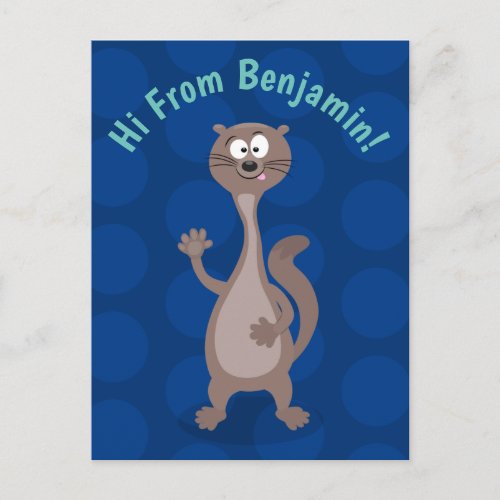 Funny weasel cartoon illustration saying hello postcard