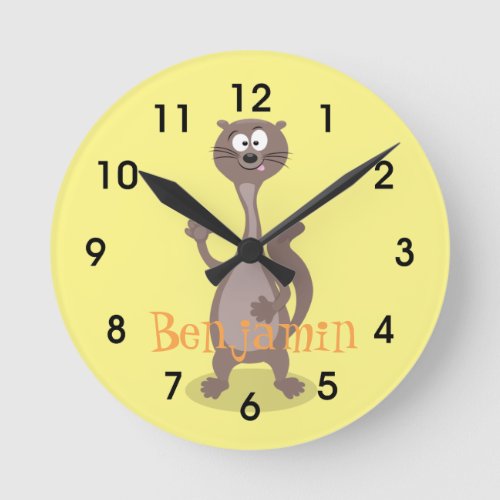 Funny weasel cartoon illustration saying hello round clock