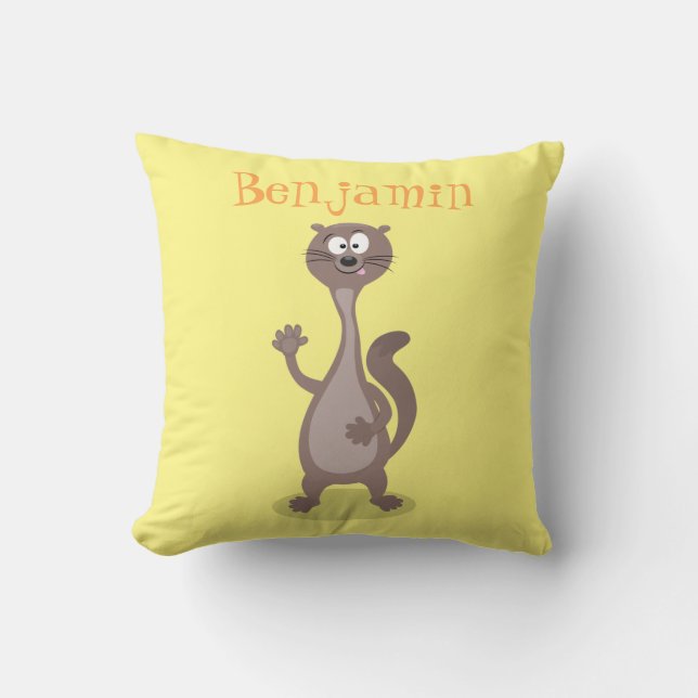 Funny weasel cartoon illustration saying hello throw pillow (Front)