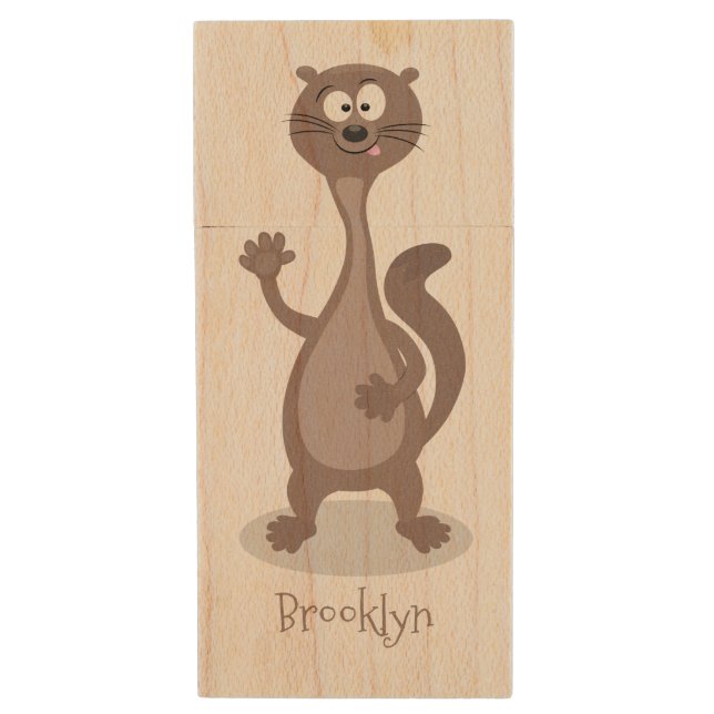 Funny weasel cartoon illustration wood flash drive (Front Vertical)