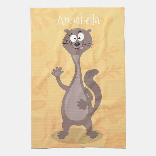 Funny weasel waving cartoon illustration kitchen towel (Vertical)