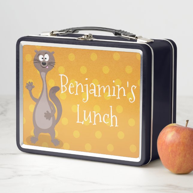 Funny weasel waving cartoon illustration metal lunch box (In Situ)