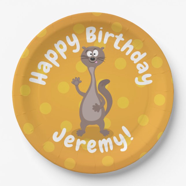Funny weasel waving cartoon illustration paper plates (Front)