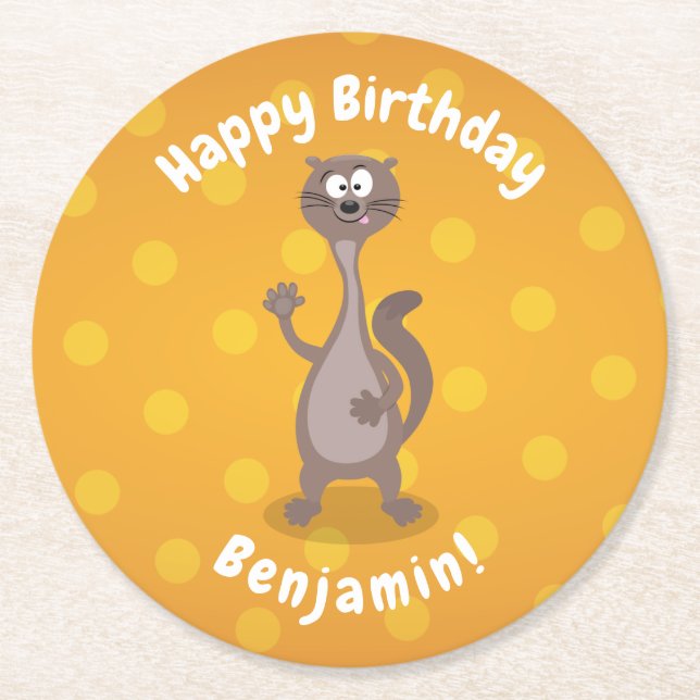 Funny weasel waving cartoon illustration round paper coaster (Front)