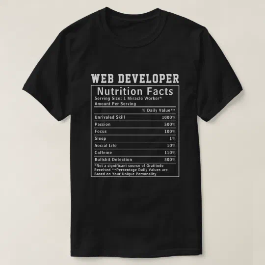 Funny Web Developer Nutrition Facts Coding Life  T-Shirt