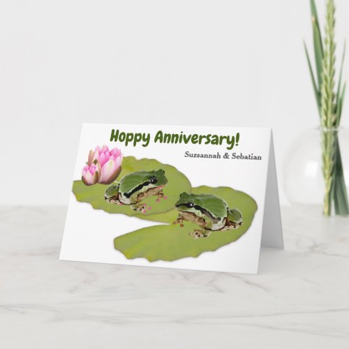 Funny Wedding  Anniversary Frog Couple Pink Lilies Card