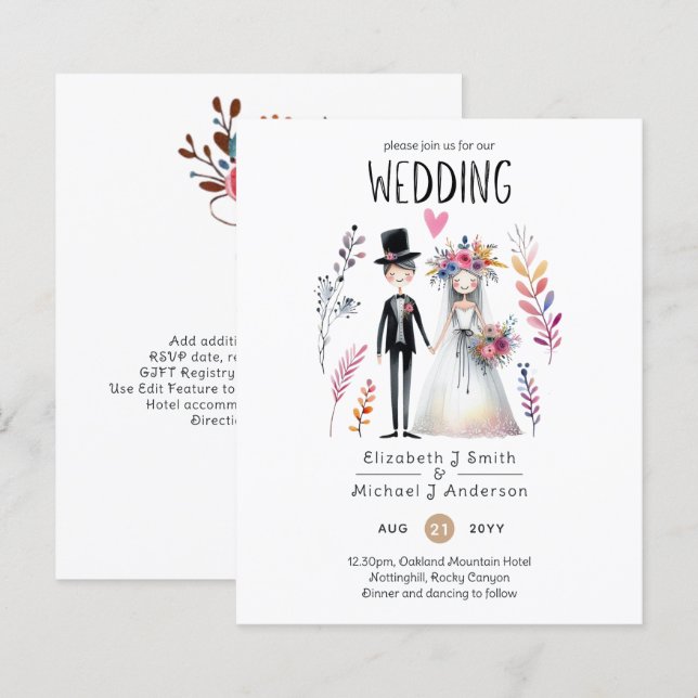 Funny Wedding Cartoon Bride Groom Handdrawn (Front/Back)