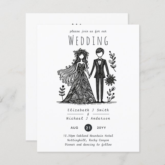 Funny Wedding Cartoon Bride Groom Handdrawn (Front/Back)