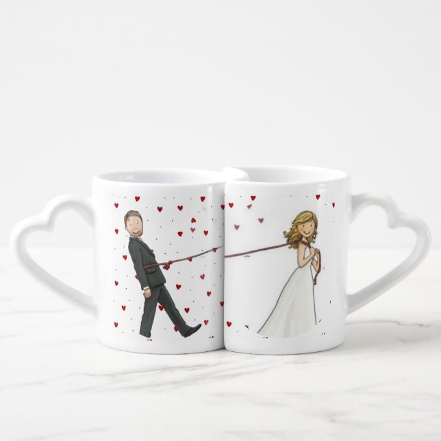 Funny Wedding Gift - Bride Pulling Groom Ceramic Coffee Mug Set (Front Nesting)