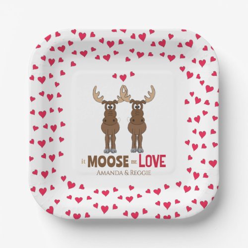 Funny Wedding Party Cute Whimsical Moose Hearts Paper Plates