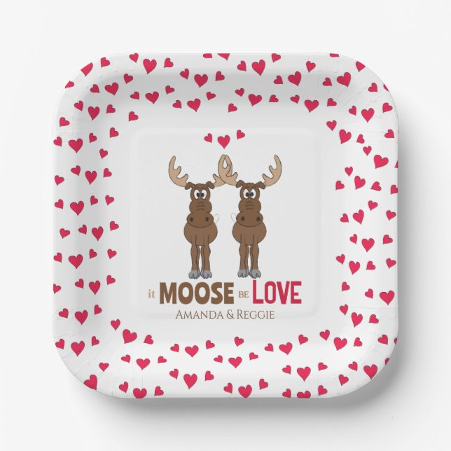 Funny Wedding Party Cute Whimsical Moose Hearts Paper Plates (Front)