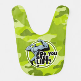 Funny Weight Lifter; bright green camo, camouflage Bib