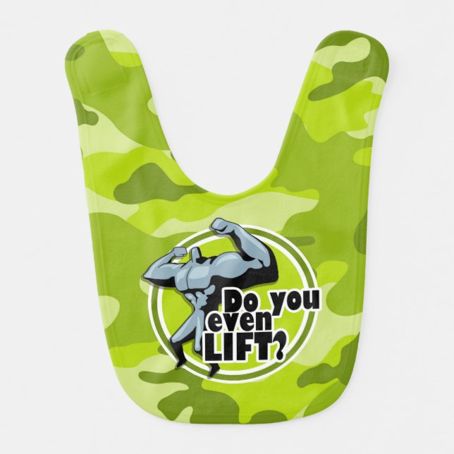 Funny Weight Lifter; bright green camo, camouflage Bib (Front)