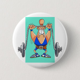 Funny weightlifter cartoon personalized button