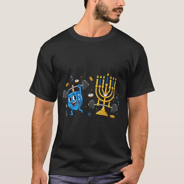 Funny Weightlifting Gym Dreidel Menorah Hanukkah W T-Shirt (Front)