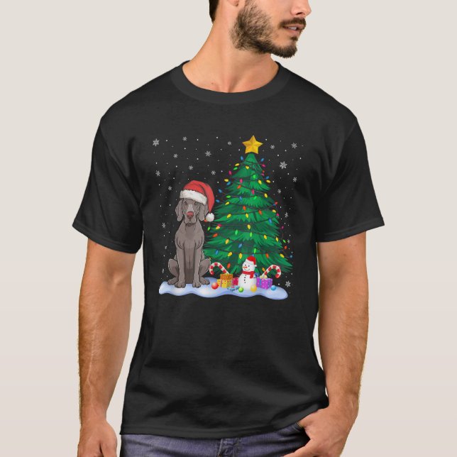 Funny Weimaraner Dog Xmas Tree Lights Reindeer Hat T-Shirt (Front)