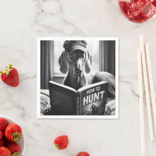 Funny Weimaraner Reading a Book on How to Hunt Napkins