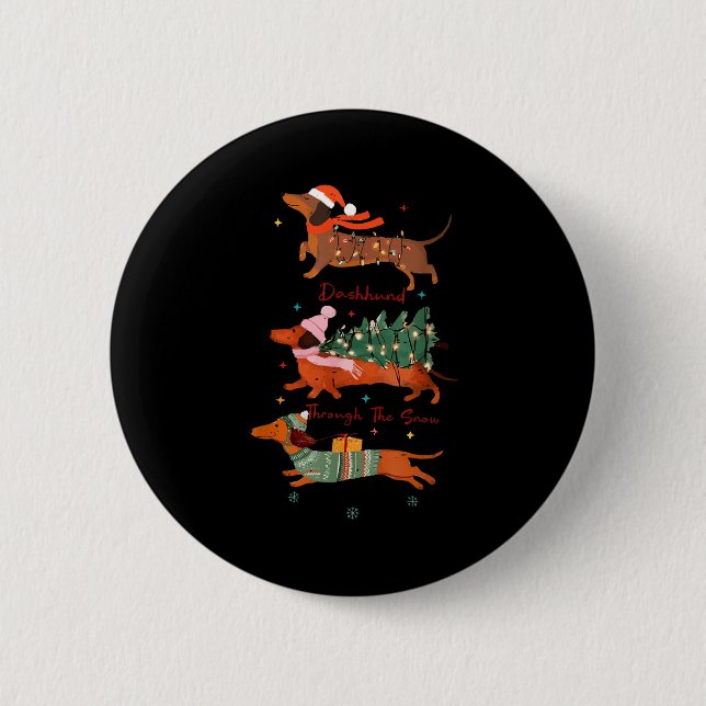 Funny Weiner Dog Dachshund Through The Snow Merry  Button (Front)