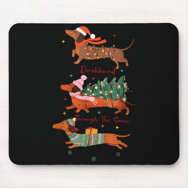 Funny Weiner Dog Dachshund Through The Snow Merry  Mouse Pad (Front)