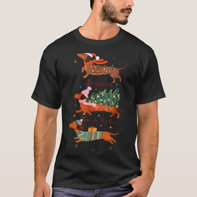 Funny Weiner Dog Dachshund Through The Snow Merry  T-Shirt (Front)