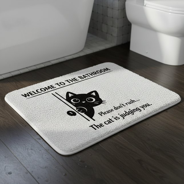 Funny Welcome to the Bathroom: The Cat Is Judging  Bath Mat (Creator Uploaded)