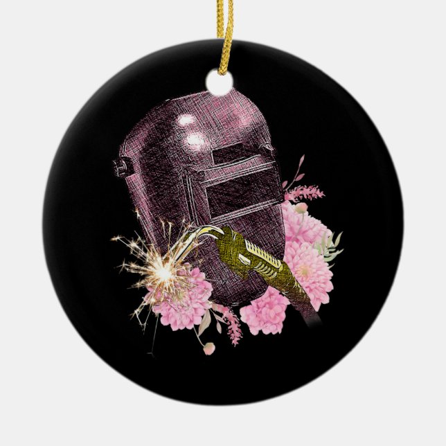 Funny Welding Welders Pink Helmet Welder Spark Ceramic Ornament (Front)