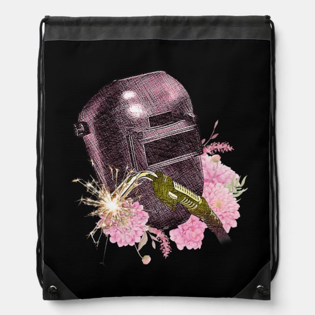 Funny Welding Welders Pink Helmet Welder Spark Drawstring Bag (Front)