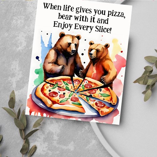 Funny well wishes bears having a huge pizza postcard