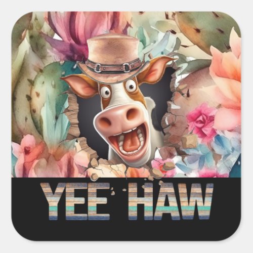 Funny western cow face cartoon cactus yee haw square sticker