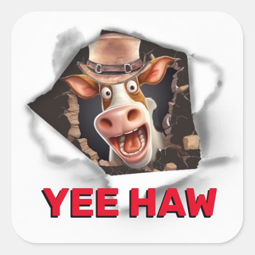 Funny western cow face wanted surprise yee haw square sticker