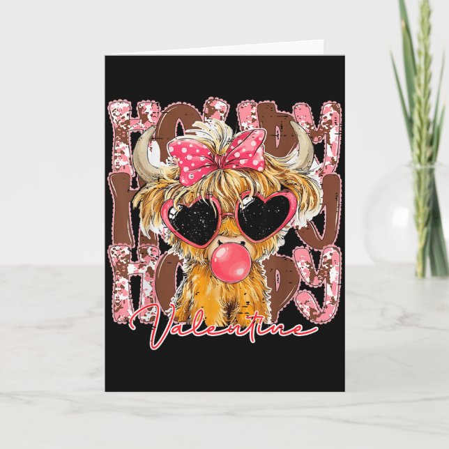 Funny Western Howdy Valentine Highland Cow Bow Lov Card (Front)