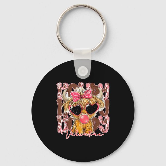 Funny Western Howdy Valentine Highland Cow Bow Lov Keychain (Front)