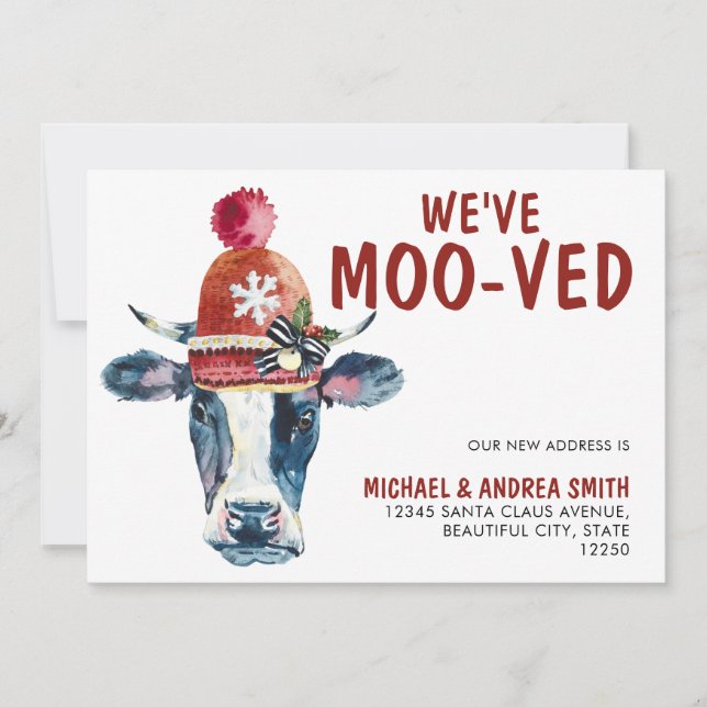 Funny We've Moo-ved Christmas Cow Holiday Moving Announcement (Front)