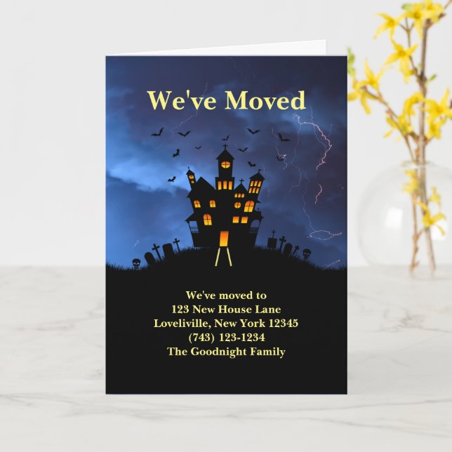 Funny We've Moved Spooky Black Haunted House Card (Yellow Flower)