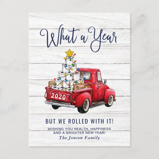 Funny What a Year Christmas Red Farm Truck Postcard (Front)