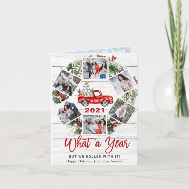 Funny What a Year Christmas Red Truck 6 PHOTO Holiday Card (Front)