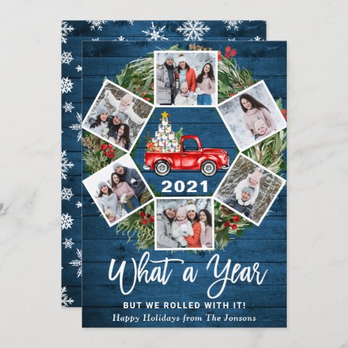 Funny What a Year Christmas Red Truck 6 PHOTO Holiday Card