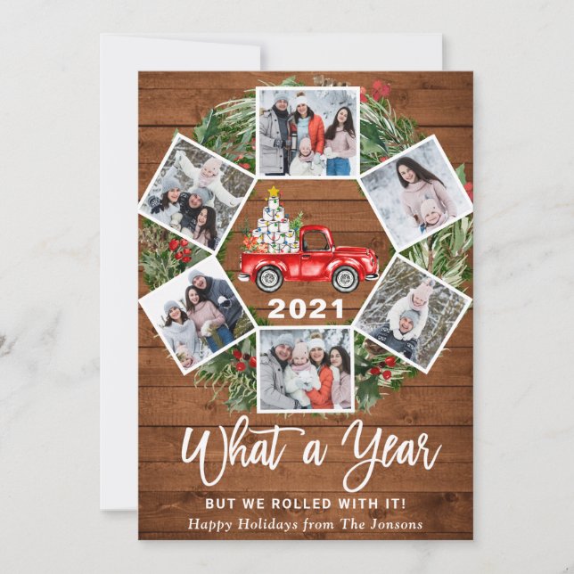Funny What a Year  Christmas Red Truck 6 PHOTO Holiday Card (Front)