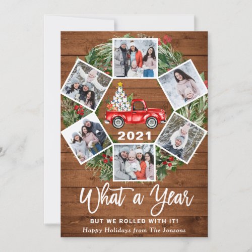 Funny What a Year Christmas Red Truck 6 PHOTO Holiday Card